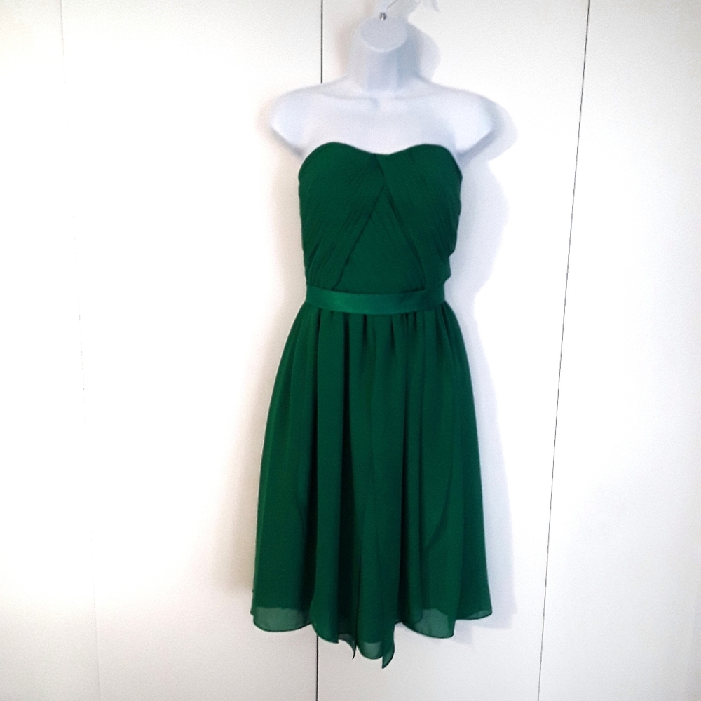 Azazie strapless knee length lined  green chiffon dress ribbon belt size Small